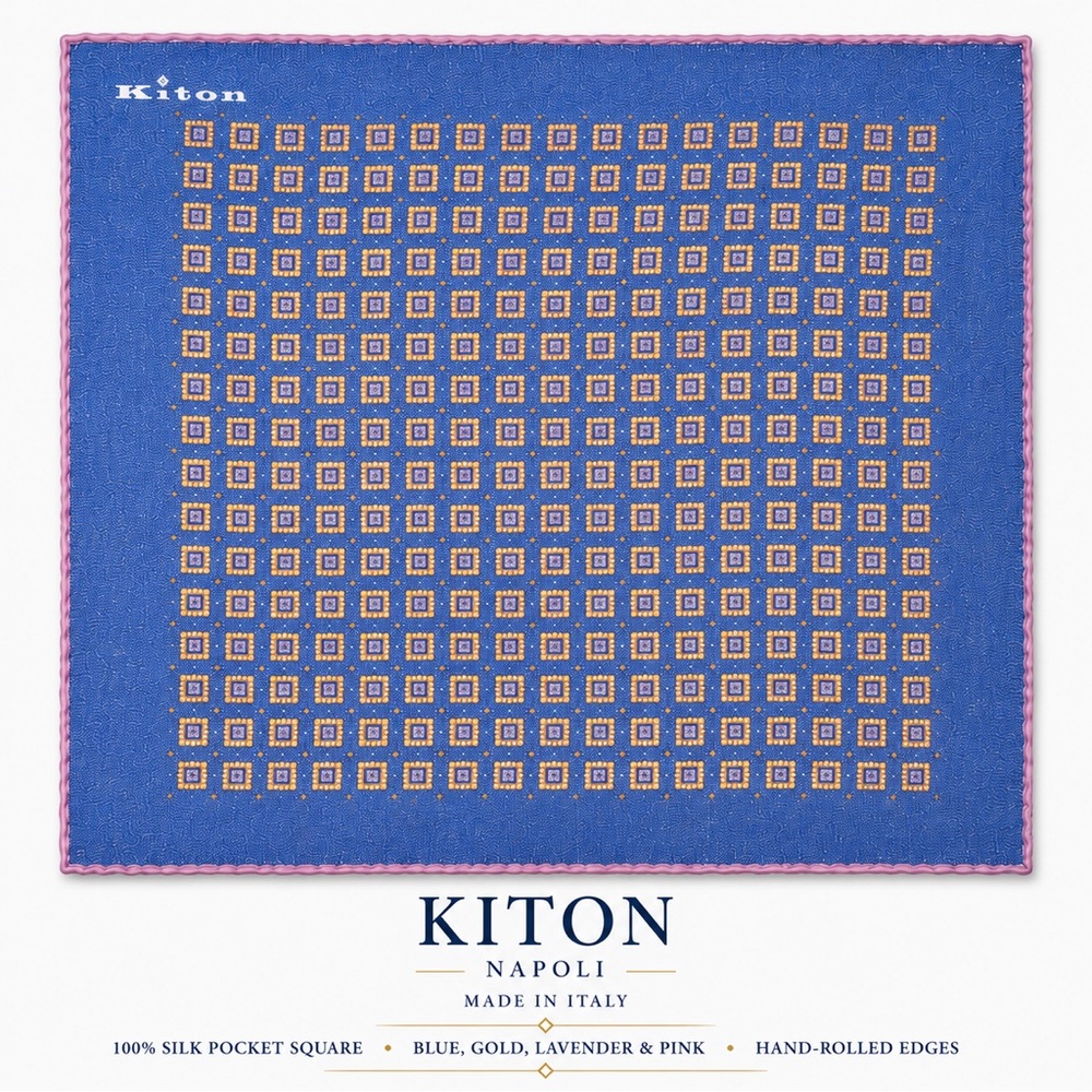 Kiton Blue Silk Pocket Square with Gold Motif and Pink Trim